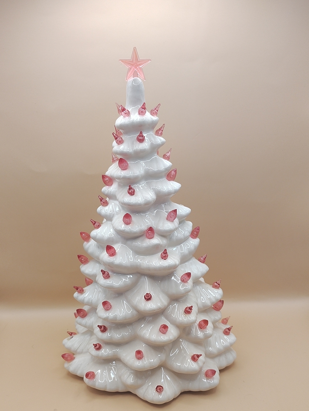 White Ceramic Holiday Tree with Pink Lights - Decorative Tabletop Accent 11"